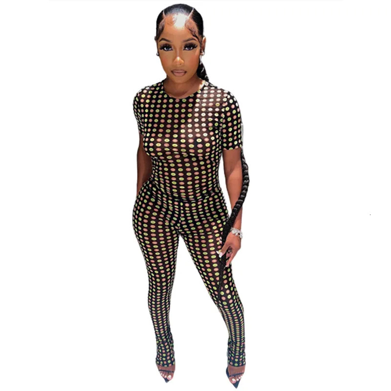 Two Piece Set Mesh Point Print Women Casual Shhort Sleeve Round Neck TshirtsHigh Waist Skinny Trousers Female Streetwear 250106