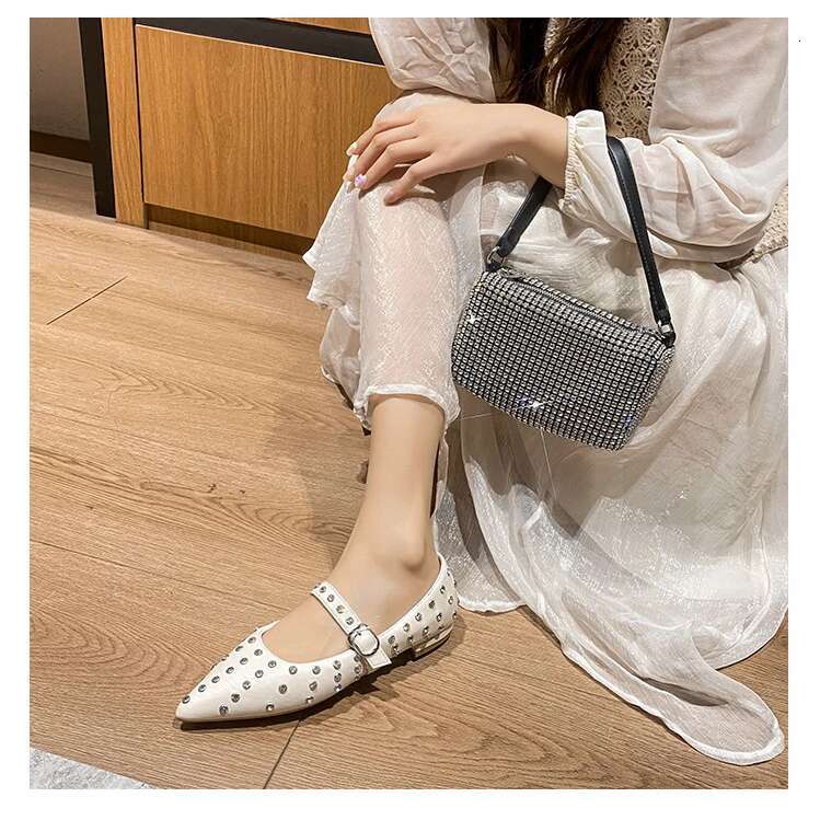 French Retro Riveted Mary Jane Single Spring Autumn Girls Pointed Flat Bottom Sweet Fairy Style Women's Shoes Size 34-43