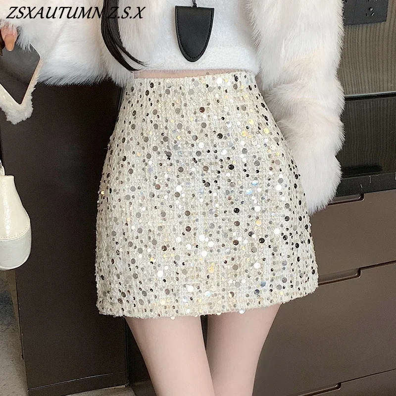 Hepburn Style Aline Skirt Women Sexy Mini High Waist Slim Heavy Sequin Wool Female Korean Allmatch Super Fashion 250106
