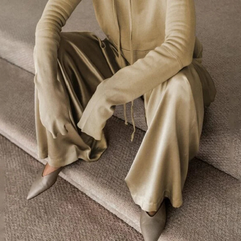 Lemongor Spring Autumn Drawstring Solid Color Long Sleeves Hooded Tops High Waisted Wide Leg Pants Two Pieces Set For Women 250106