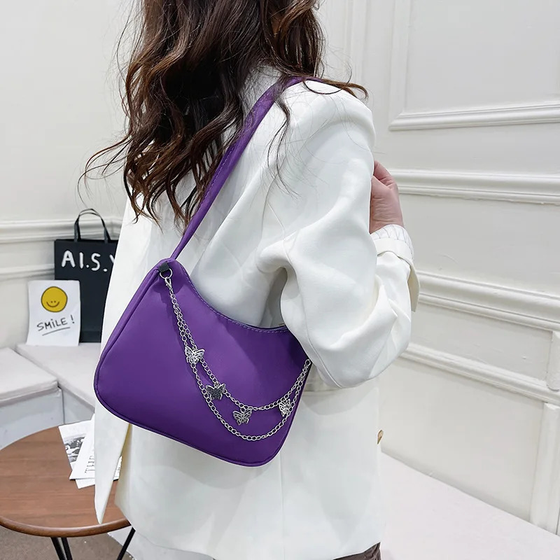 Fashion Women Small Shoulder Underarm Bag PU Leather Nylon Ladies Vintage Butterfly Chain Pure Color Zipper Mini Purse Handbag 250106