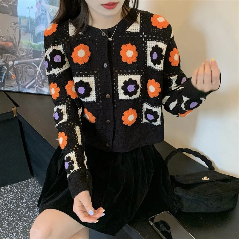 Fall Womens Crochet Cardigans Multicolor Y2k Vintage Knitted Sweaters Long Sleeve Loose Coats Warm Sweaters 3 Colors 250106