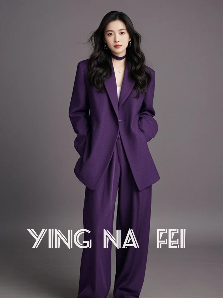 BJTZ Set For Important Occasions Womens Clothing Autumn Purple Suit Jacket Straight Leg Pants Two 250106