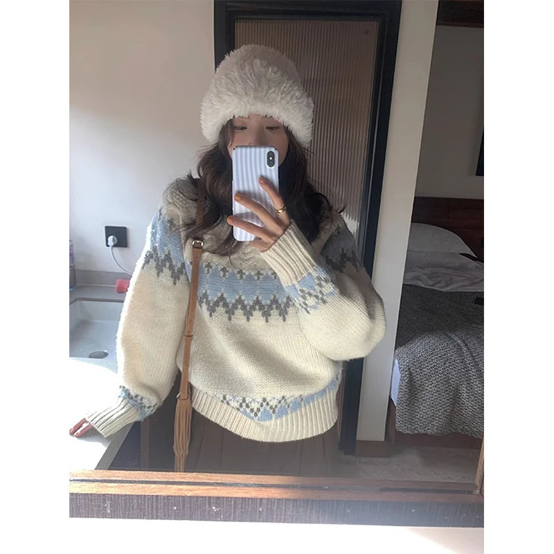 Vintage Print Sweater Women Japanese Harajuku Oversized Knitted Pullovers Winter Aesthetic Long Sleeve Jumpers Korean Knitwear 250108