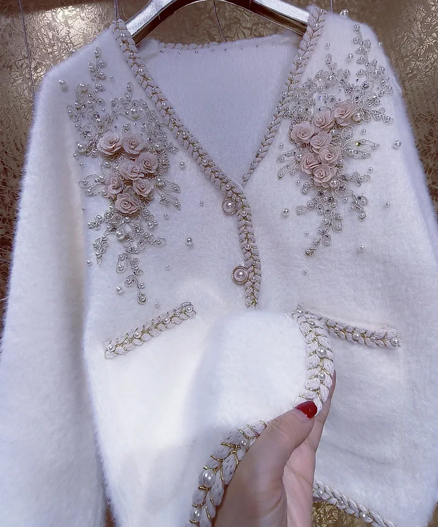 y 3D Flowers y Diamonds Beaded Coarse Mink Cashmere Knitted Cardigan Pearls PlushTwist Edge Mohair Sweater Coat 250108