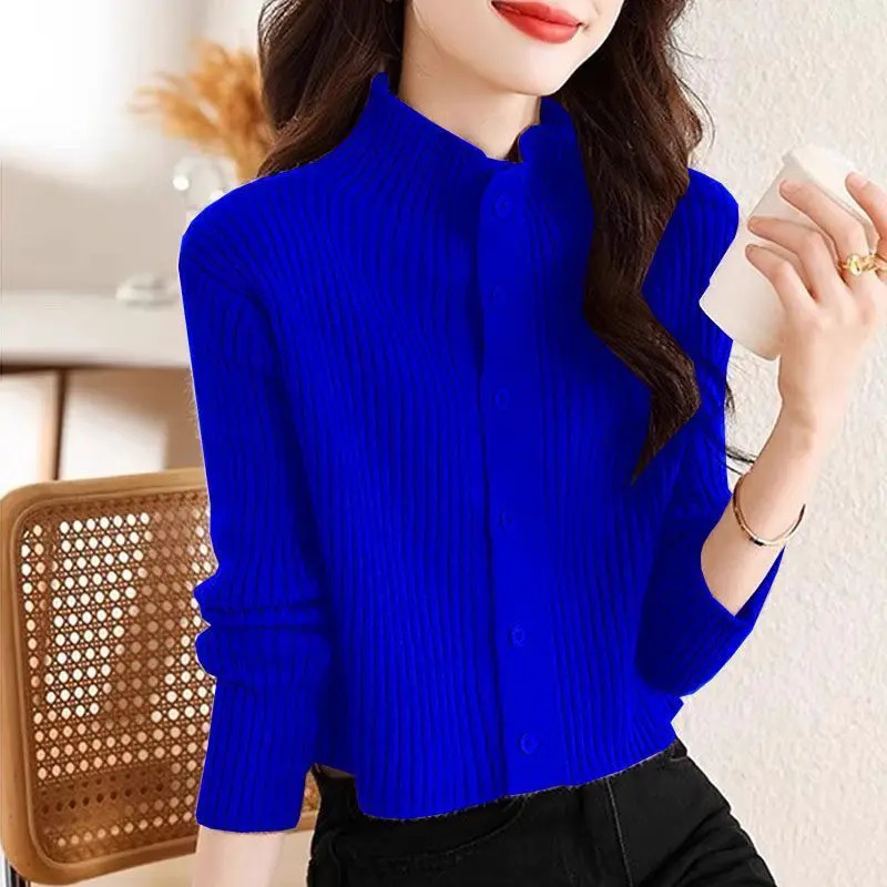 Spring Autumn Short Knitted Cardigan Jacket Women Stand Collar Long Sleeve Sweater Coat Casual Cardigan Sweater Solid Female Top 250106