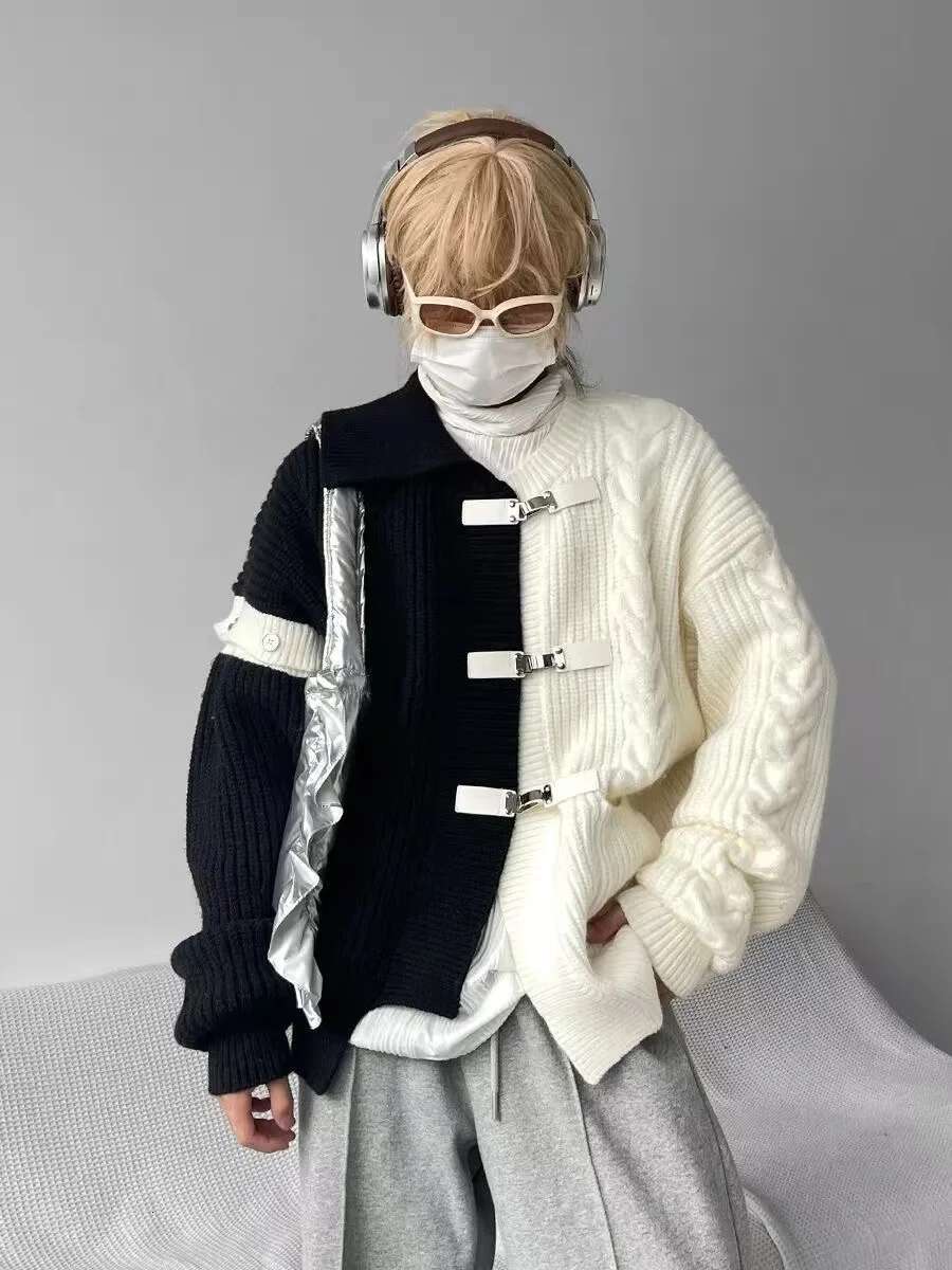 2025 Winter Niche Button Design Sweater Men's Contrast Color Slicing Cardigan Jacket Y2k High Street Loose Knit Outewear Trendy