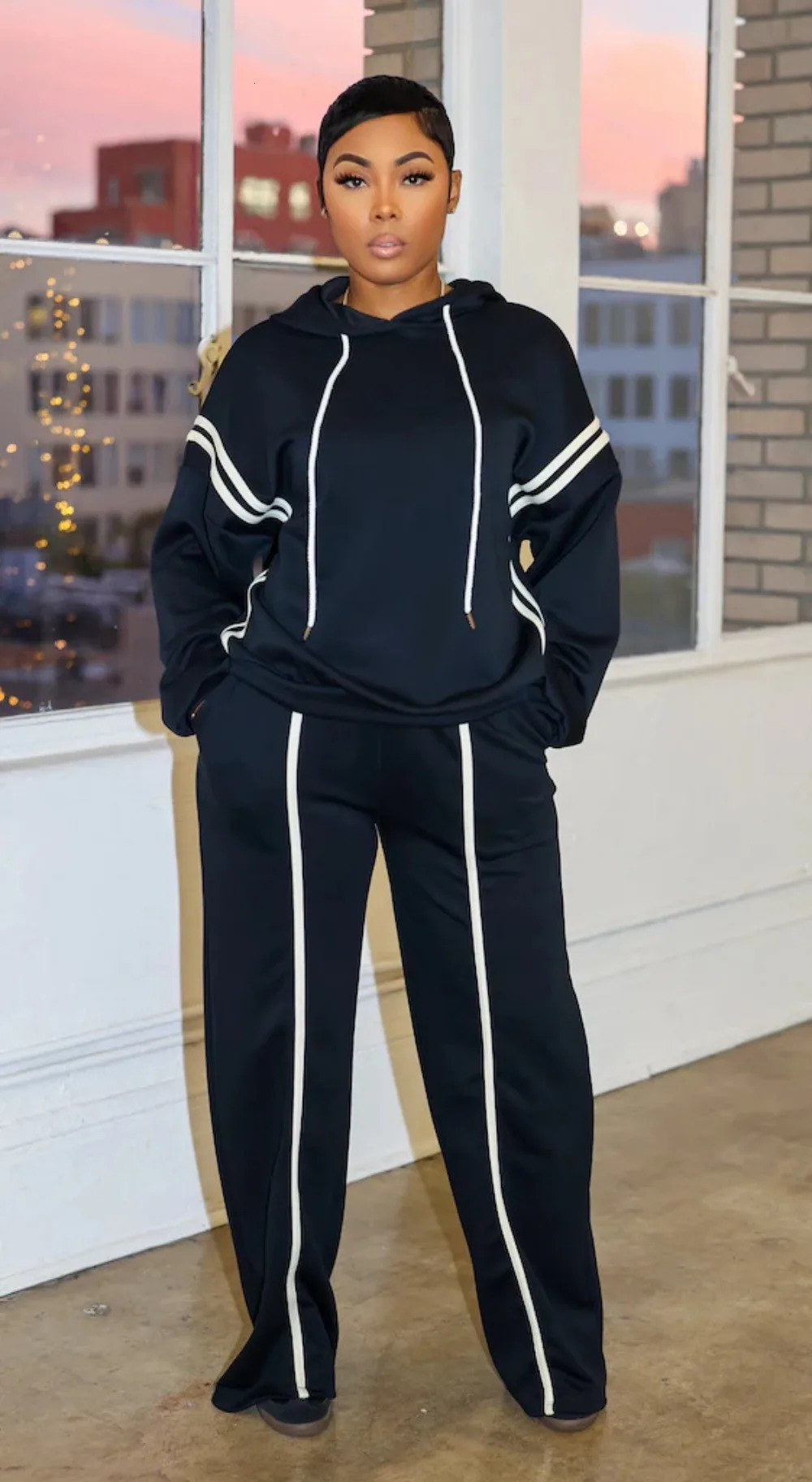 Autumn Winter Fashion Solid Color Two Piece Set Women Long Sleeved Hooded Sweatshirt Pants Casual Sports 250106