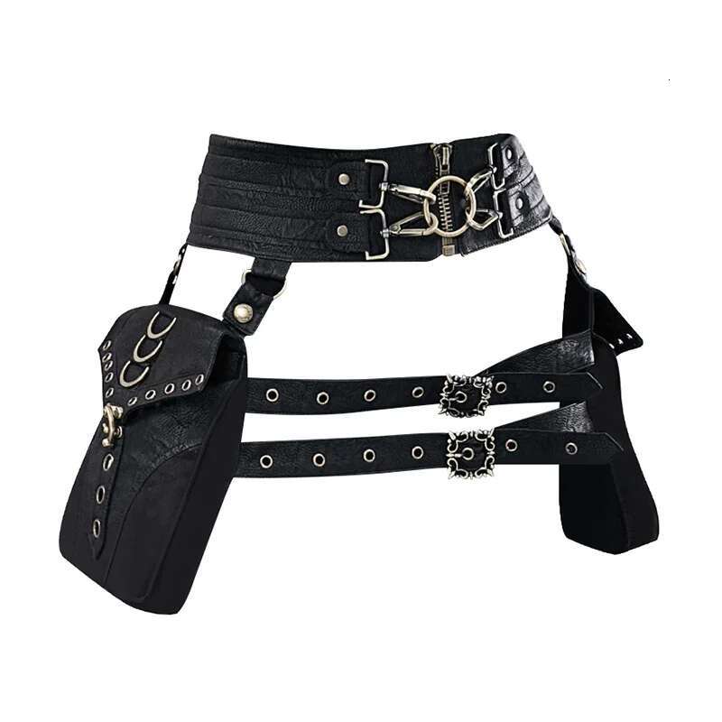 Fashion Punk Black Fanny Pack For Women Retro Exaggerate PU Leather Outdoor Riding Travel Wallet Waist Accessories Belt Bag