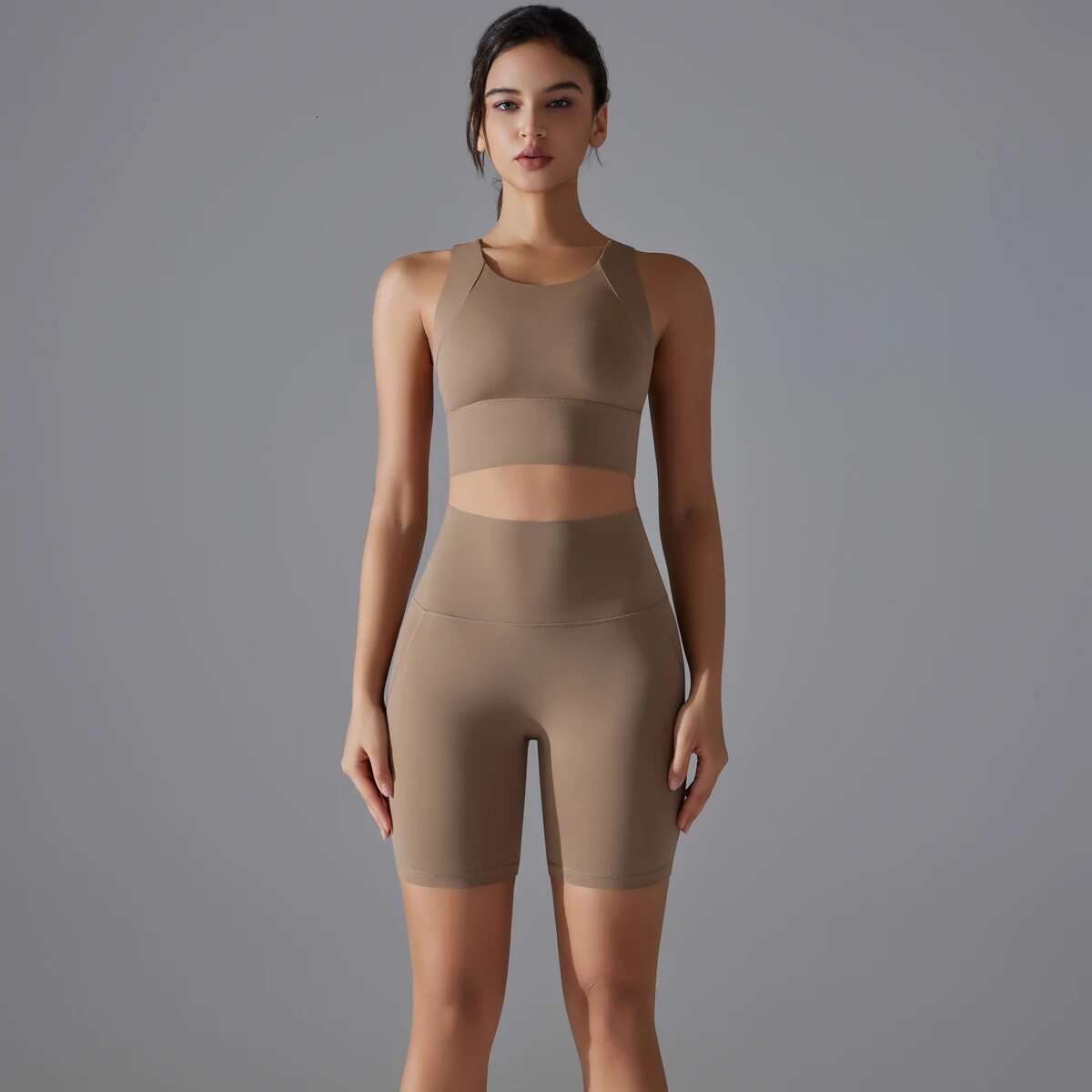 Suit Set Crop Tops Solid Color Nylon Bra Running Cycg Sports Gym Workout Yoga Shorts