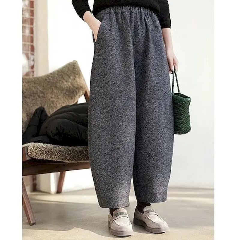 Lantern Pants Women Woolen Fabric Solid n Casual Loose Korean Fashion Elastic Waisted Trousers Clothing Harem 250108