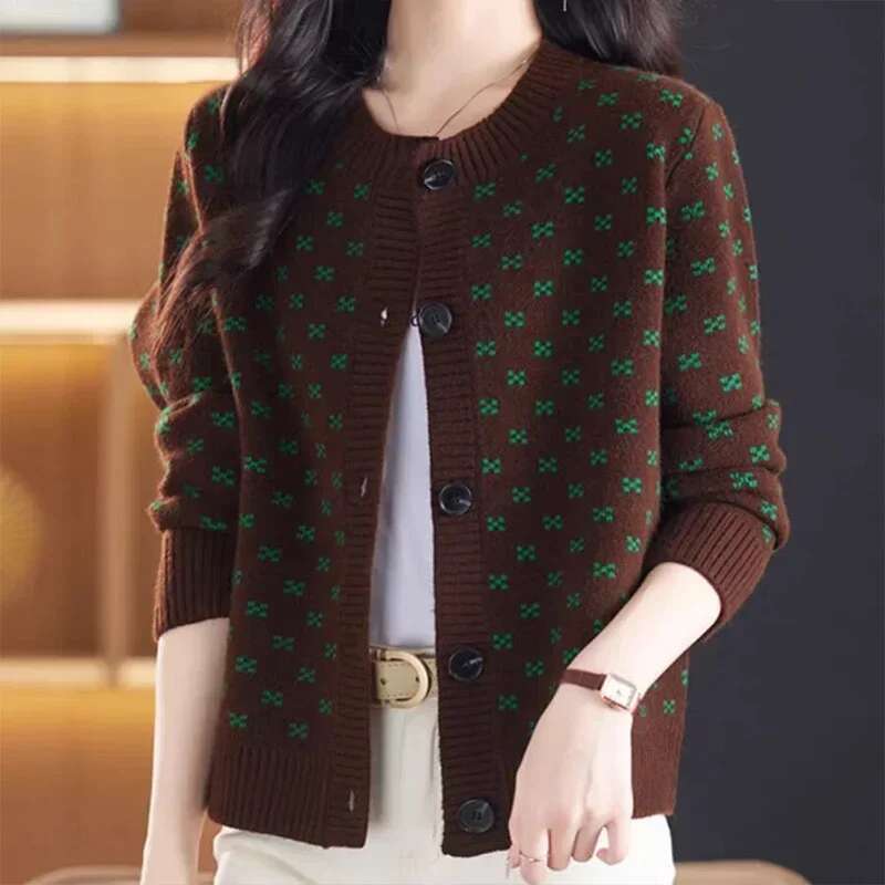 Women's Clothing O-Neck Vintage Jacquard Knitted Cardigan Autumn Winter Loose Soft Wool Thick Warm Sweater Commute Casual Top