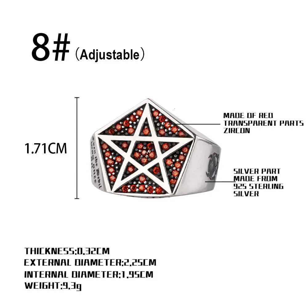 925 Sterling Silver Skull Pentagram Adjustable Ring Fashionable Mens Red Zircon Engagement Wedding Art Decoration Jewelry 250109