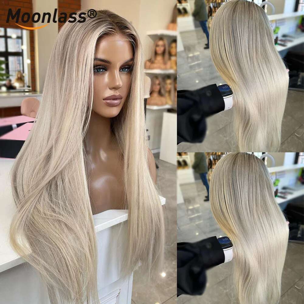 Moonlass Christmas Straight Ash Blonde 100% Real Human 210% Density Ready To Wear Pre Cut Hair 13x6 Lace Front Remy Wig