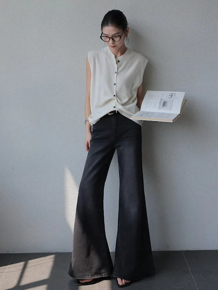 Minimalist Black Micro Flared Jeans For Women In Spring And Autumn Slim Fit With Wide Legs Fashionable Floor Length Pants 250106