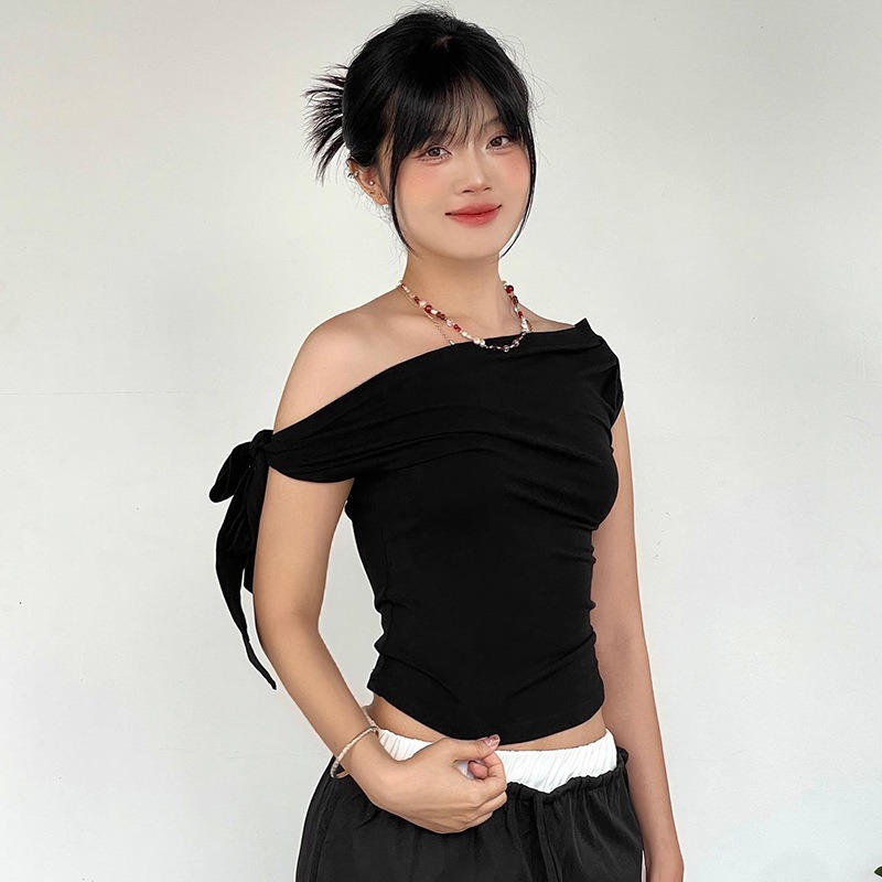 G447623 Ladies Summer New Style Gathered One Shoulder Backless Twisted Tie Asymmetric T-shirt Top