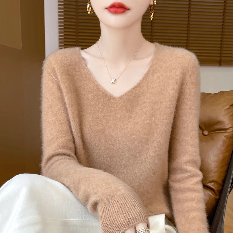 Fashion Pullover 100% Merino Wool Women Sweater VNeck Long Sleeve Basic Jumper Spring Autumn Winter Clothing Knitwear Tops 250108
