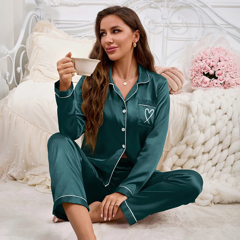 Autumn Satin Pajama for Women Heartshaped y Sleepwear Loungewear Long Sleeve Top Pants Home Clothes Pyjama 2 Piece 250106