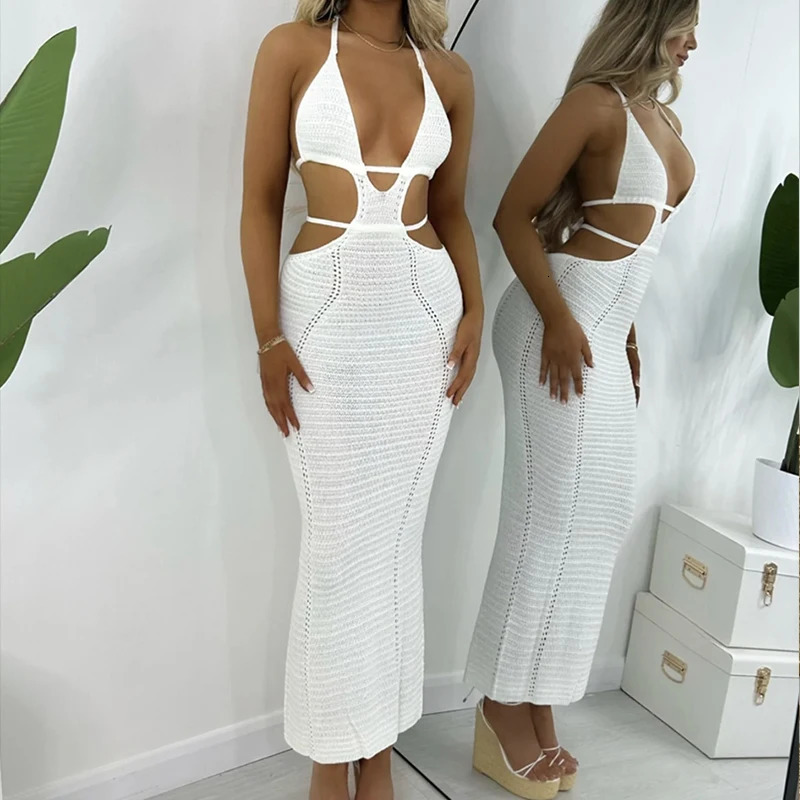 Style Hollow Out Backless Tie Up Dress Women Beach Holiday Sun Bathing Sunscreen Long Knitting Beachwear Cover 250108