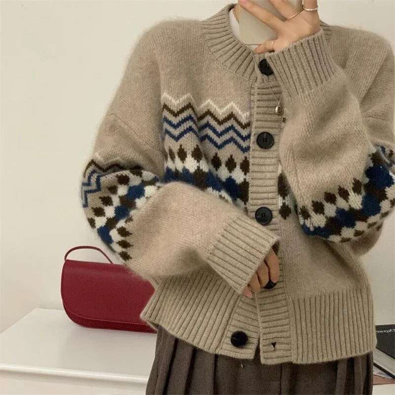 Autumn Winter Office Lady's All-Match Knitted Fair Isle Sweater O-Neck Long Sleeve Top Retro Elegant Women's Clothing Cardigan
