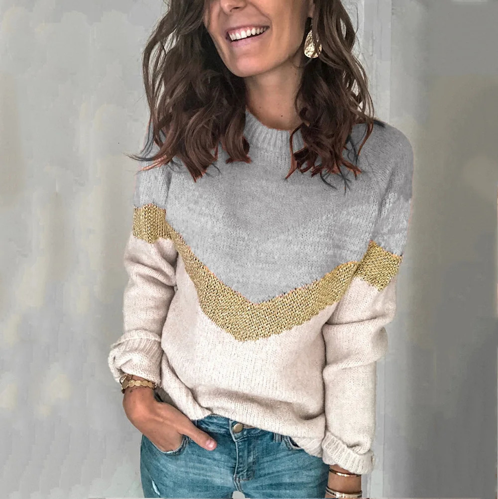 Color Blocked Patchwork Knit Sweater with Round Neck and Shoulder Sleeves for Women 250108