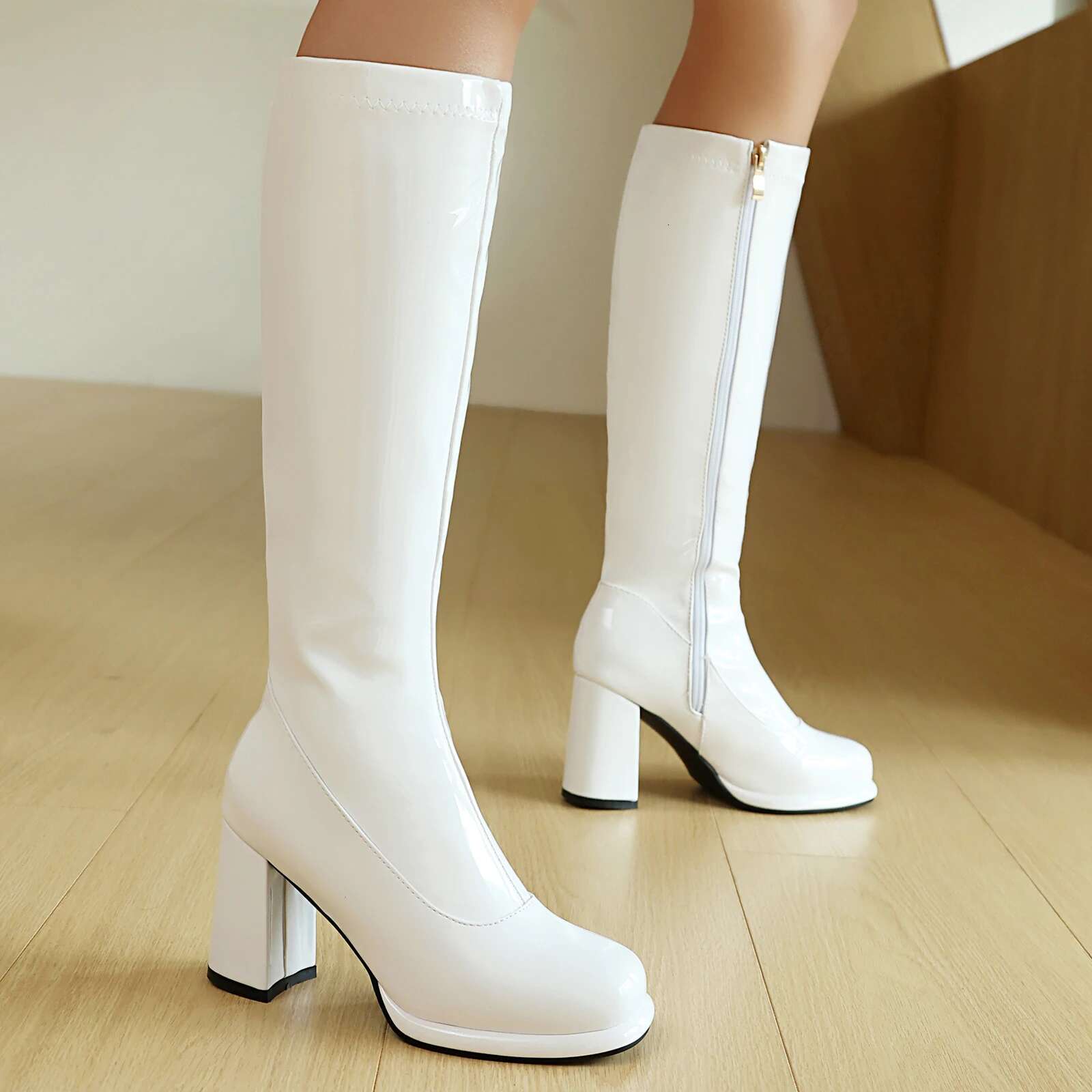 Sung Fit Women's Knee Boots Gold Sier Comfy Shoes Soft Patent Leather Chunky High Heels Footwear