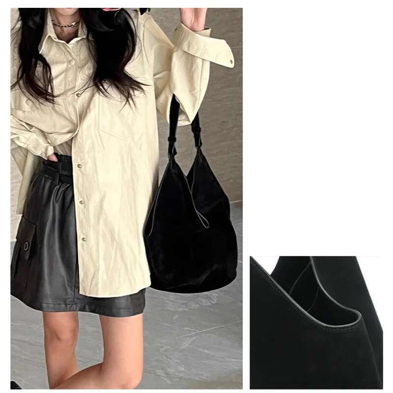 2025 New Women's Solid Color Cowhide Suede Handbag Dumpg Bucket Commuter Large Capacity Niche Single Shoulder Tote Bag