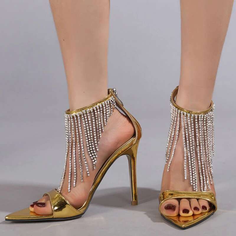 Sexy Stiletto Tasseled Rhie Women Back Zipper Sandals Pointed Toe Pumps Wedding Party Dress Shoes