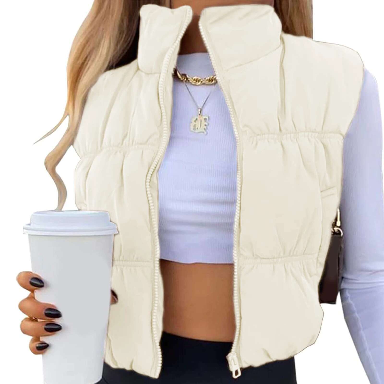 Women's Winter Quilted Vest Solid Color Lightweight Zipper Stand Up Collar Warm Jacket Fashionable Sleeveless Designer Jacket
