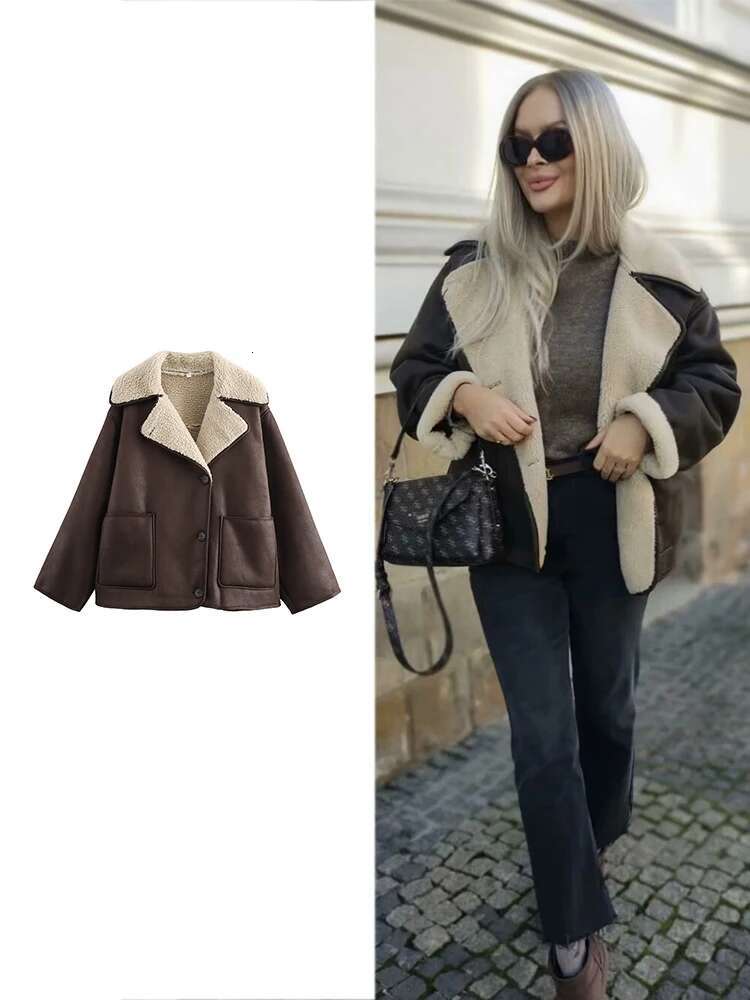 TRAF Women's Fashion Retro Khaki Faux Leather Warm Thickened Autumn And Winter Lapel Single Breasted Pocket Commuter Coat