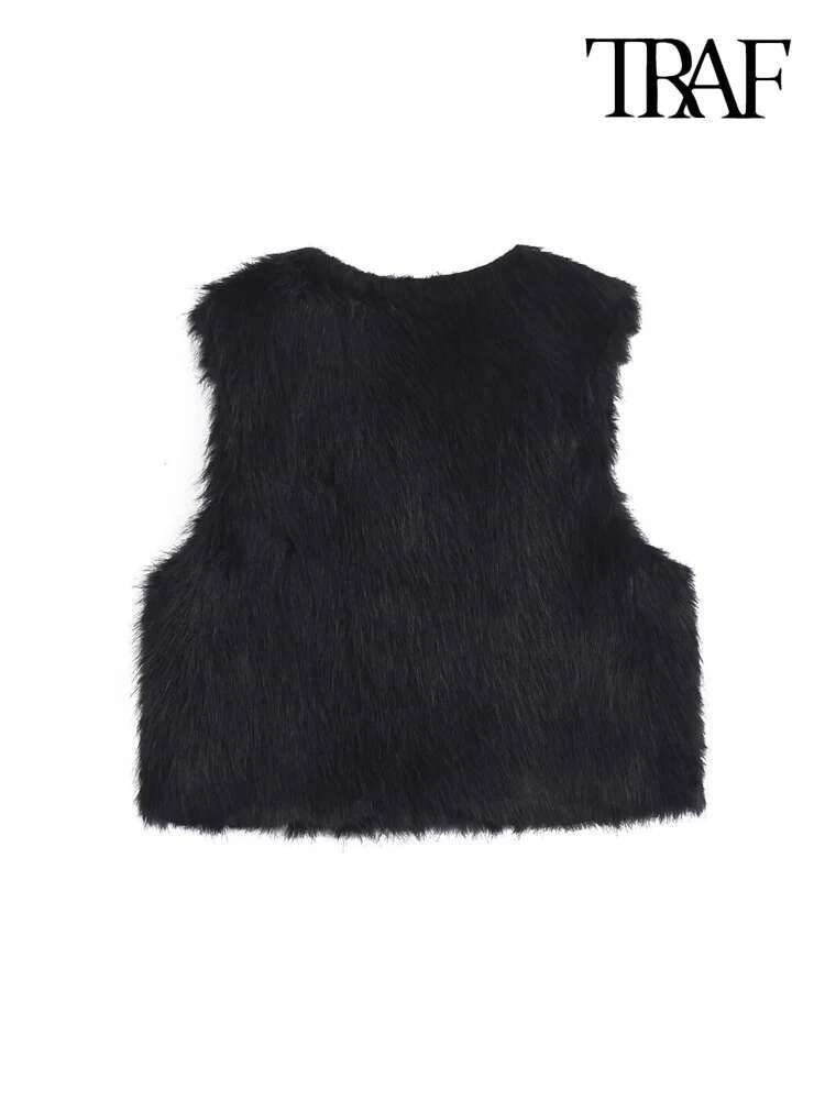 Traf-Women's Faux Fur Cropped Waistcoat, O Neck, Sleeveless, Female Outerwear, Chic Tops, Fashion