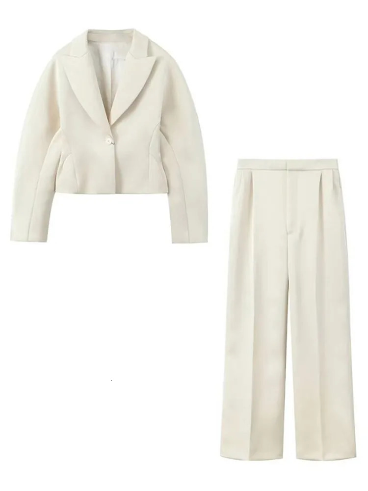 Elegant White Coat Pants Set Women Autumn Winter Turndown Collar Singlebreasted Coats Wide Leg Pant Two Piece Womens 250106