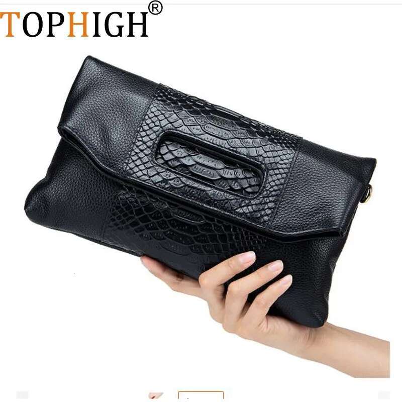 TOPHIGH Snake Pattern Handbags Genuine Leather Fashion Envelope Clutch Bag For Women 2025 Day Clutches Wristlet Bags