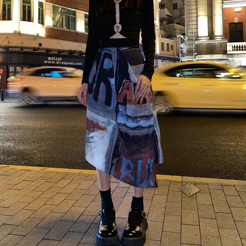 MEXZT Punk Midi Skirt Women Streetwear Graffiti Print Irregular Skirts Harajuku Gothic Korean Fashion High Waist A Line 250106