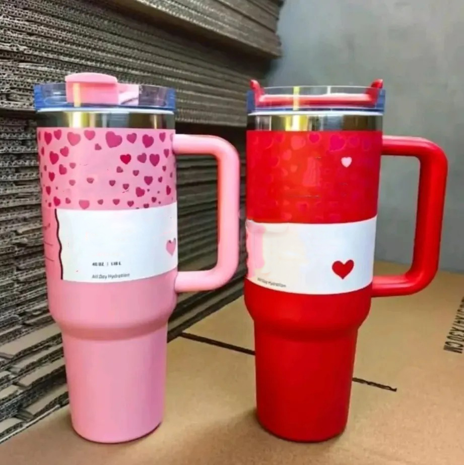 40 OZ Sweet Hearts Magnolia Pink Rose Floral Tumblers Cups With Bow Cap 40Oz Stainless Steel Tumblers With Handle Lid And Straw Travel Car Mugs Water Bottles US stock