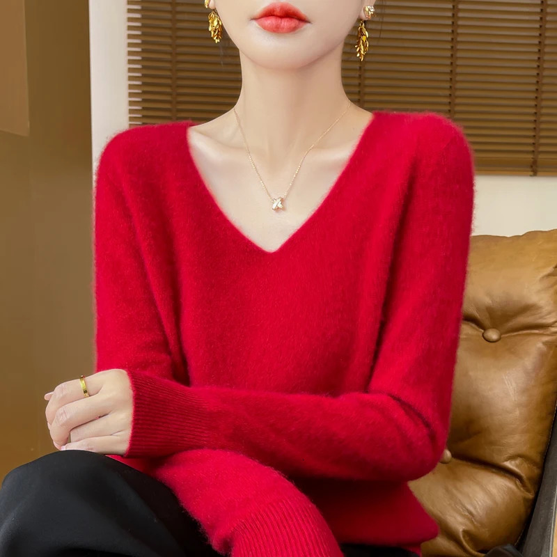 Fashion Pullover 100% Merino Wool Women Sweater VNeck Long Sleeve Basic Jumper Spring Autumn Winter Clothing Knitwear Tops 250108