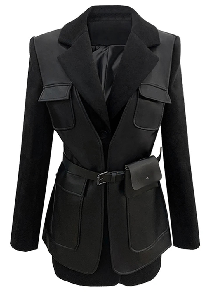 Nerazzurri Autumn Black Wool Blends Patchwork Leather Jacket Women with Many Pockets Long Sleeve Korean Fashion Streetwear 250103