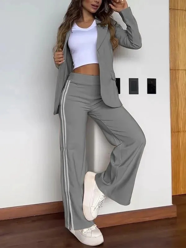 Autumn Elegant Office Lady Suit Fashion Lapel No Buckle Blazer Striped Side Split Straight Trousers Two Piece Set Woman 250106