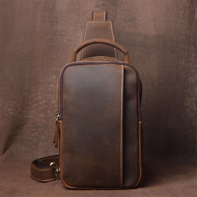 Vintage Bag Crazy Horse Leather Men Handbag Sg Chest Day Pack Back Cross Body Shoulder Casual Bags