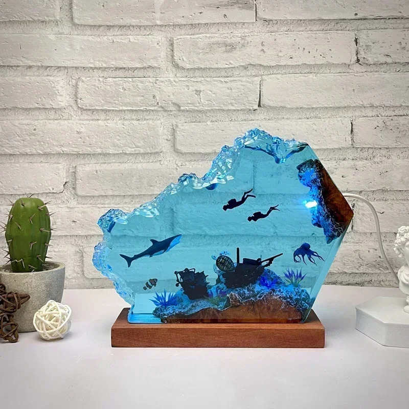 Seabed World Organism Resin Table Light Creactive Art Decoration Lamp Shark Sunken Ship Octopus Theme Night Light USB Charge 250109