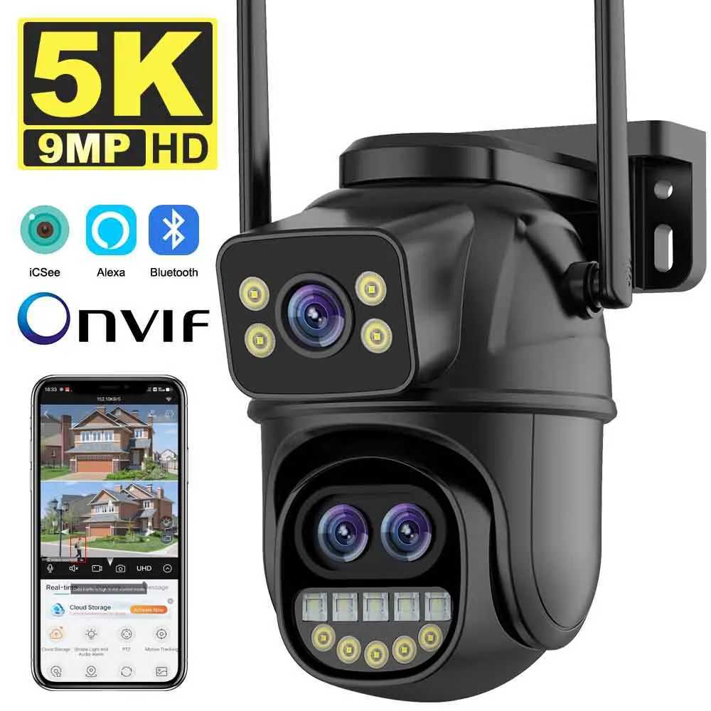 9MP 5K HD WiFi IP Camera Outdoor 8x Zoom Three lens Dual screen PTZ Camera Automatic Tracking Home Security CCTV Monitoring 4MP Camera X250110