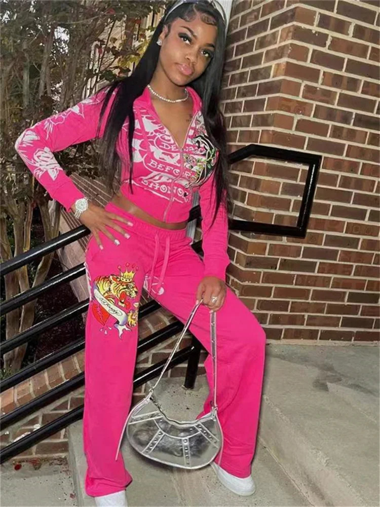 Spring 2 Two Piece Sets Casual Tracksuits Women Long Sleeve Zipper Crop TopBaggy Pants Suits Club Rose Red Matching Outfits 250110