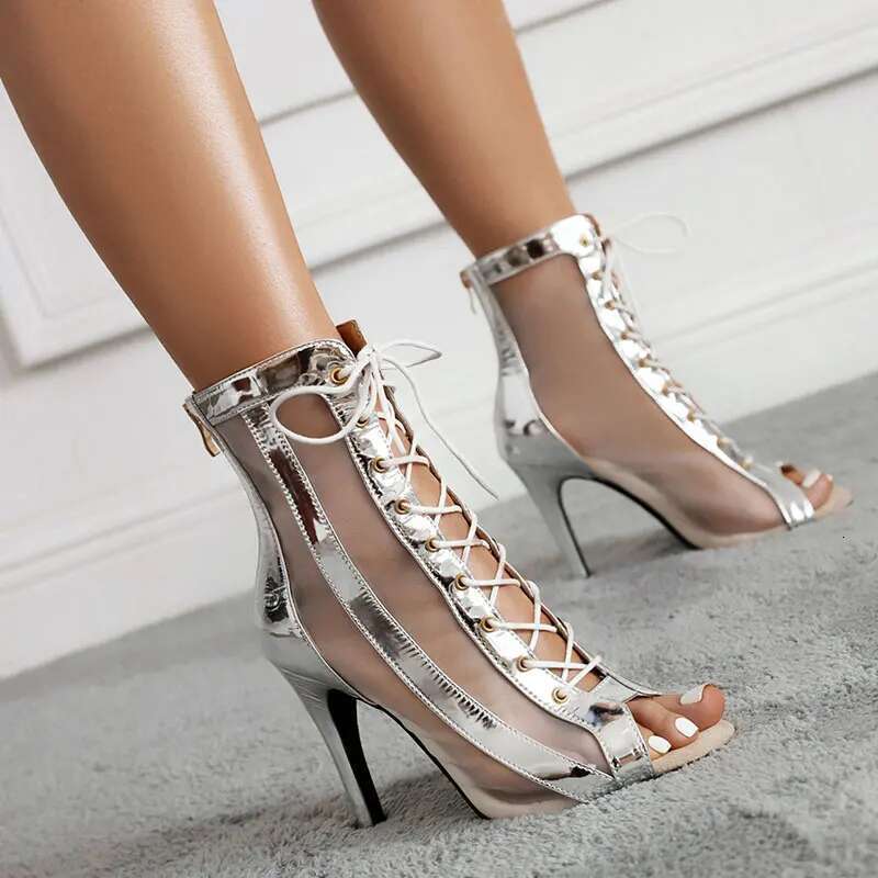 Womens Sier Stilettos Peep Toe Cutout Latin Ladies Party Boot Tango Salsa Dance Heels Ballroom Shoes