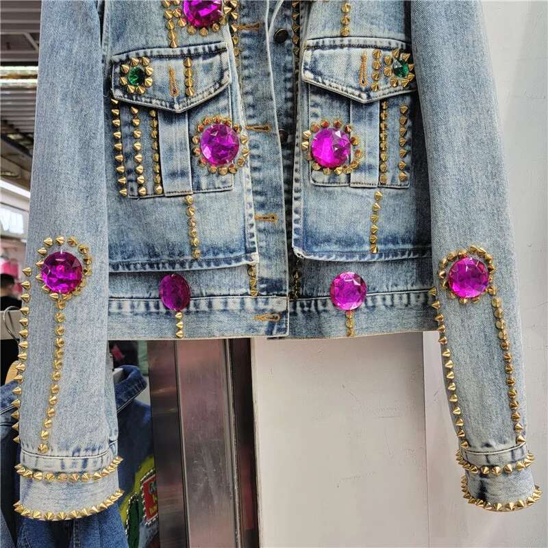 Women Dias Short Denim Bomber Coat Rivet Beaded Jeans Jacket Rhies Cardigan Lapel Long Sleeve Streetwear Tops