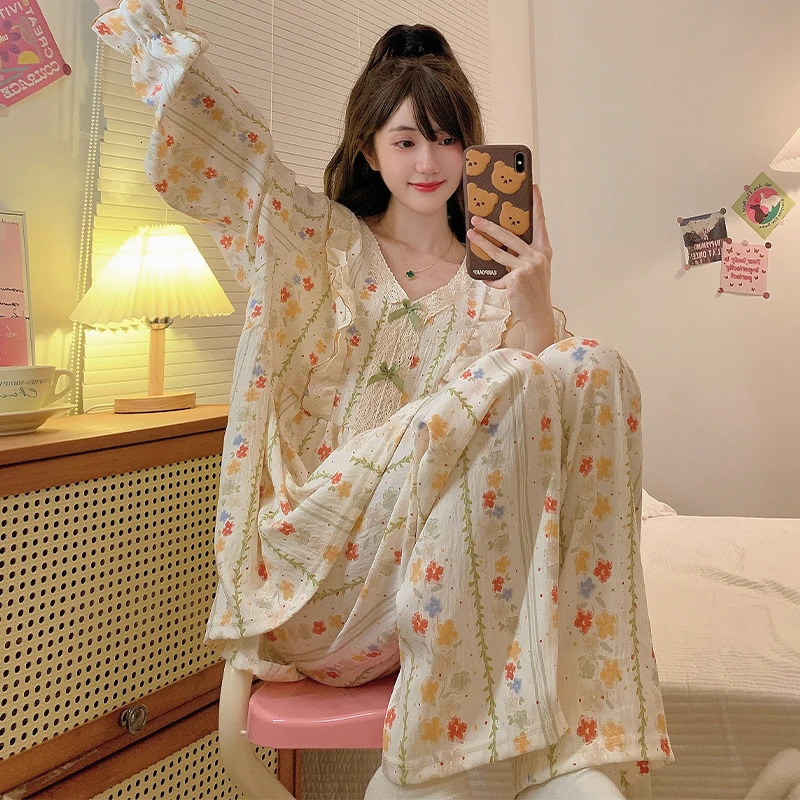 Plus Size Pajama Mujer Cherry Print Sleepwear Set Long Sleeve TopPants Ruffle Homewear SkinFriendly Breathable 250106