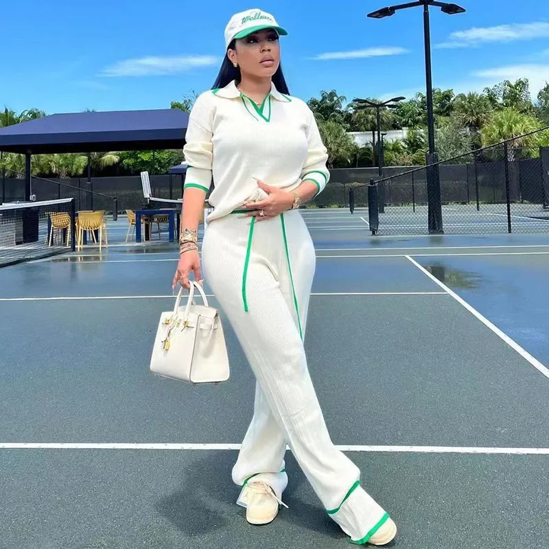 Active Wear Knitted Casual Tracksuit for Women Two Piece Set Sporty Fitness Striped Sweater Top and Wide Leg Pants Jogging Femme 250106