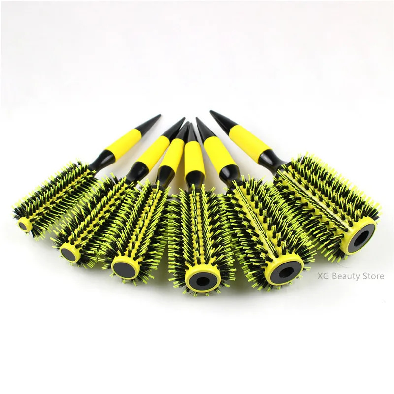Professional 6pcs/set Yellow Boar Bristle Wooden Hair Comb Brush Nylon Round Hair Brush Salon Styling Tools Wholesale 250106