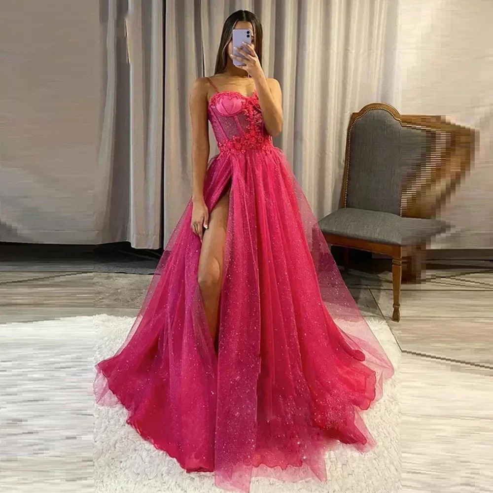 Glitter Tulle Prom Dress Long Ball Gown Spaghetti Straps Lace Appliqued 3D Flower Slit Bridesmaid Dresses Sexy Cocktail party 250106