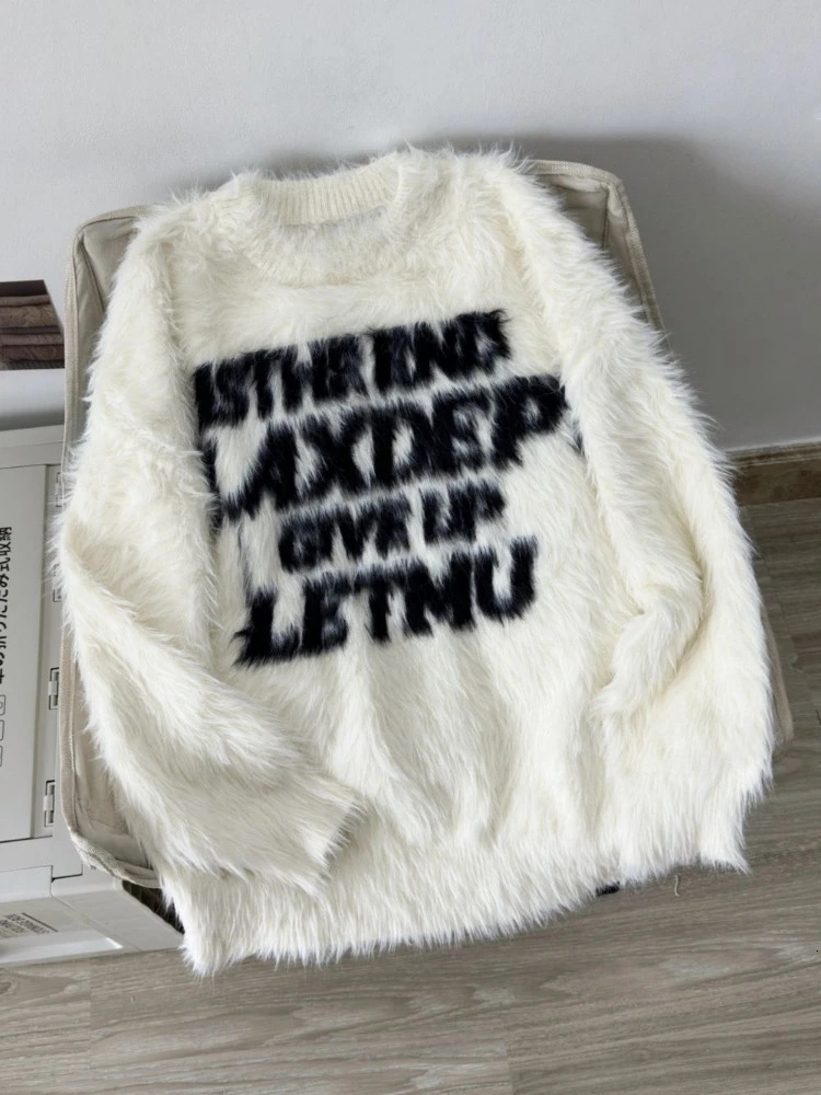 Loose Mohair Sweater Men and Women Y2k Aesthetic Knitted Punk Vintage Pullover Sueter Mujer Harajuku Letter Print Grunge Jumpers 250108