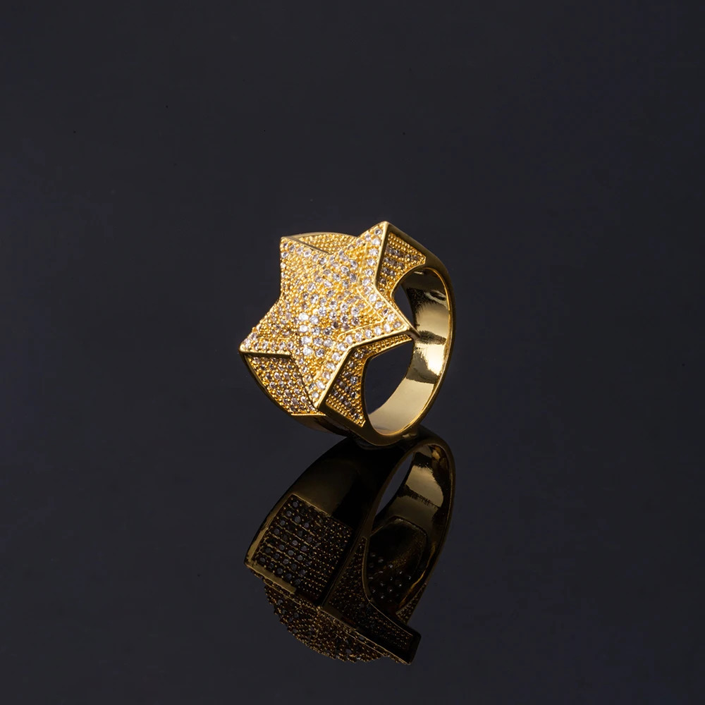 HipHop Jewelry Men Women High Quality Star Rings Brass Gold Plated Iced Out Zircon Micro Paved Solid Pentagram FivePointed Ring 250109
